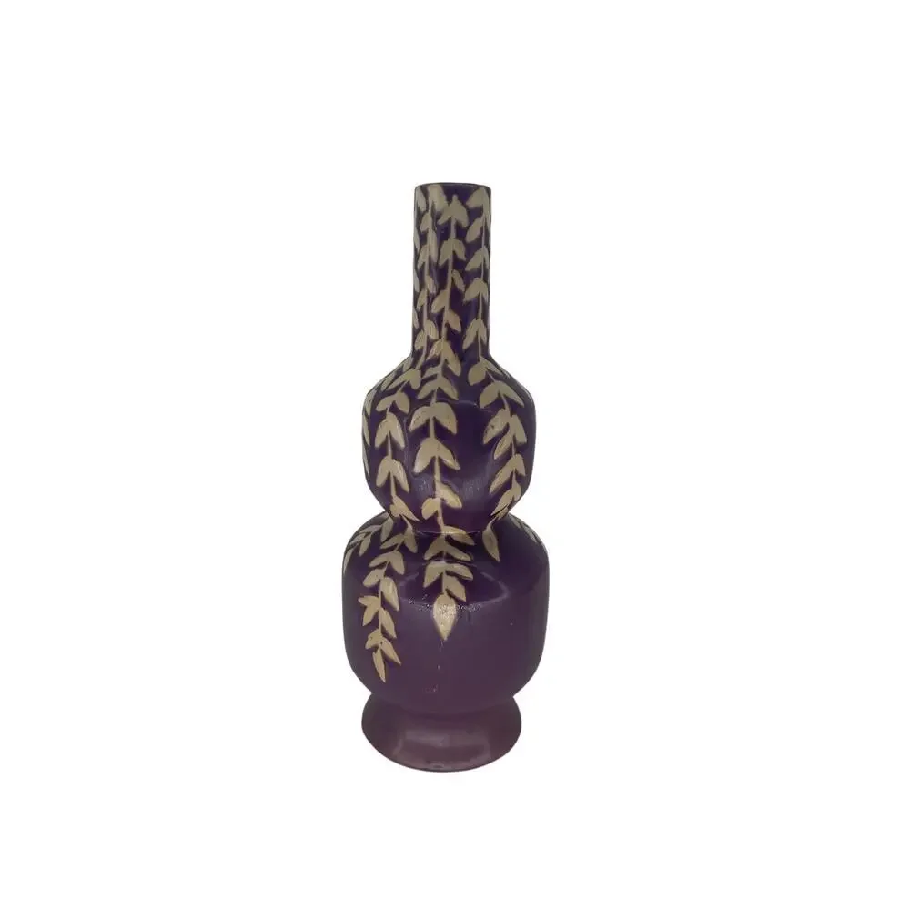 Vintage Purple Art Pottery Vase Double Gourd Leaf Pattern Matte Glaze